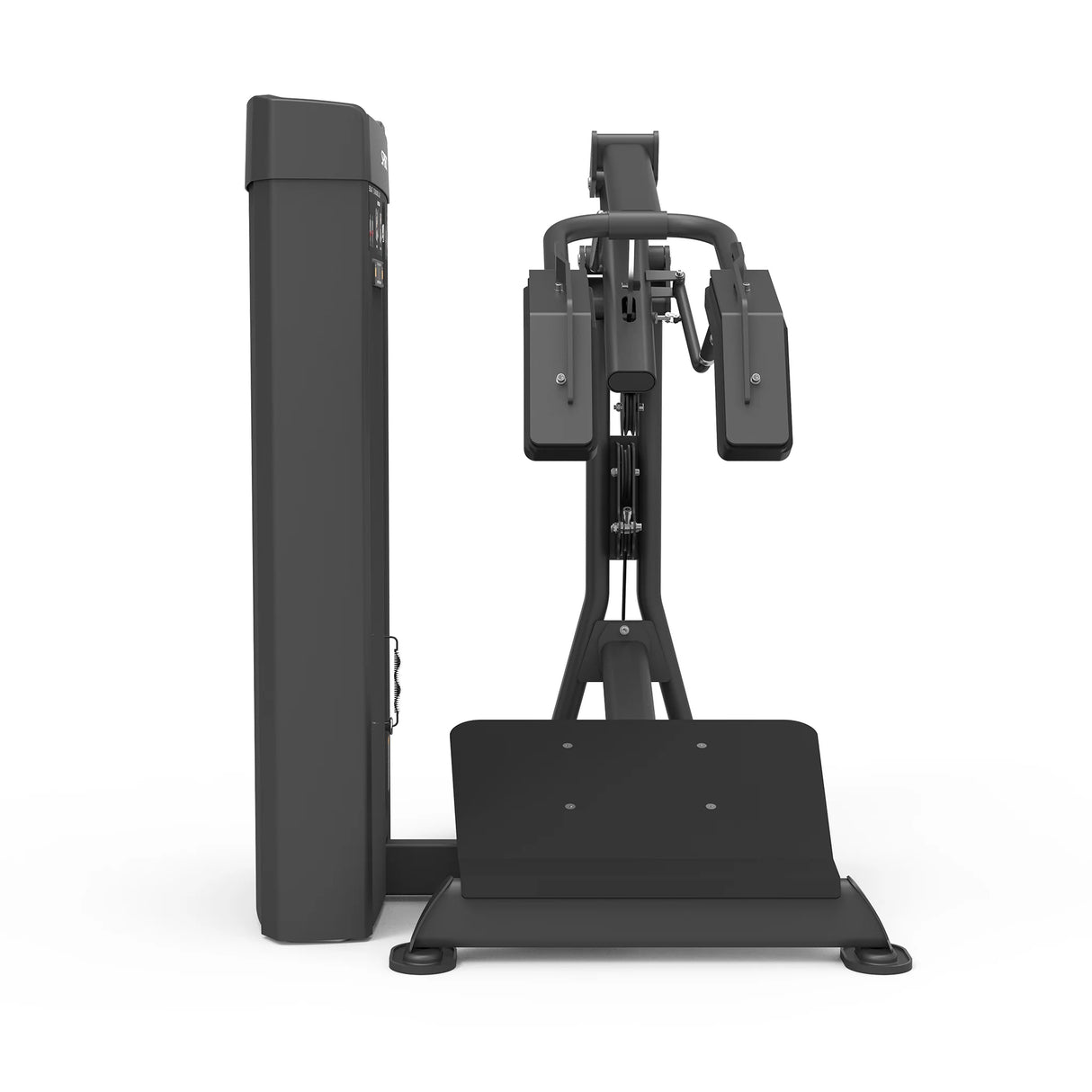 Rear view of the Spirit Fitness CSS-SQSC Squat / Standing Calf machine showing the shoulder pad yoke, cable pulley, and base platform.