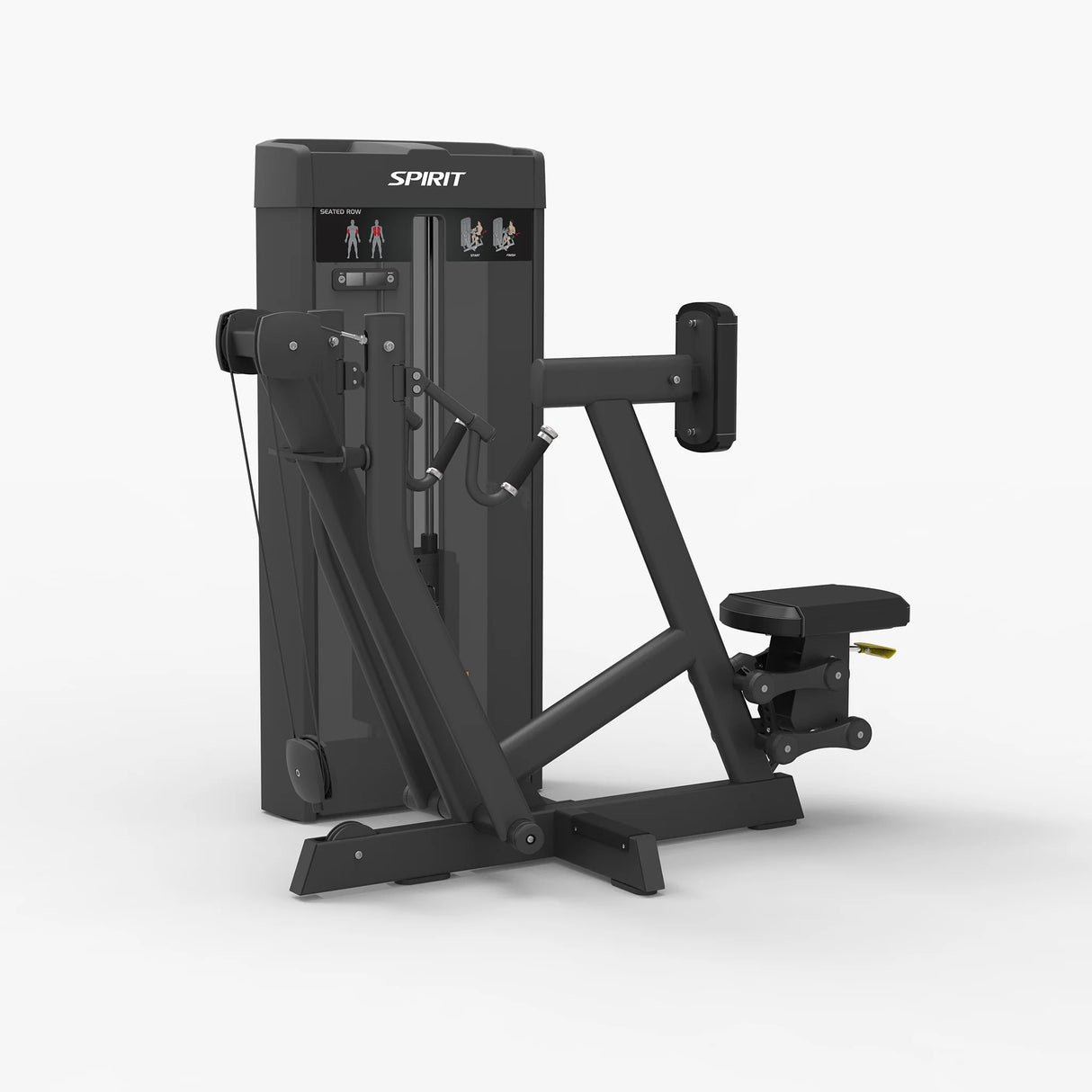 Angled front view of the Spirit Fitness CSS-SROW Seated Row showing the chest pad, dual handles, and weight stack tower.