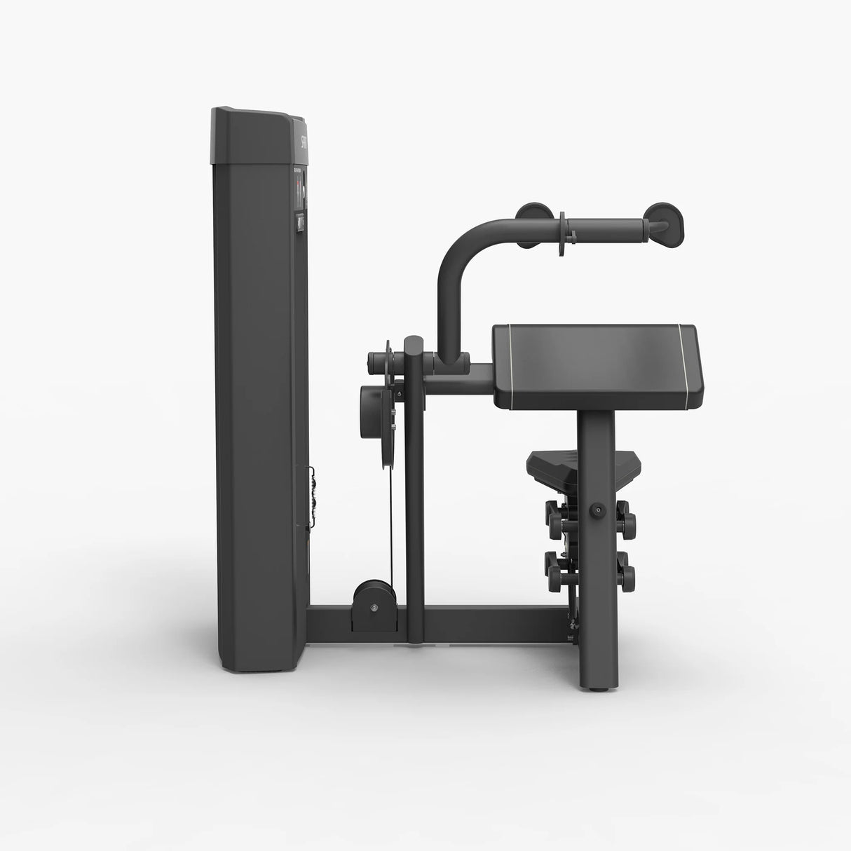 Side view of the Spirit Fitness CSS-TEXT Triceps Extension showing the weight stack column, pulley cable, and seat profile.