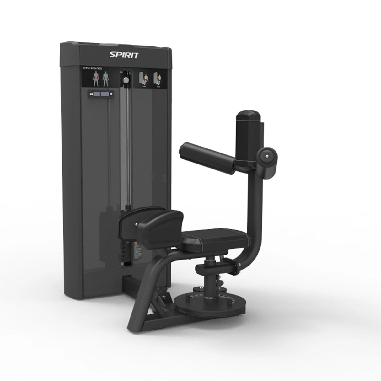 Angled front view of the Spirit Fitness CSS-TROT Torso Rotation showing the rotating seat, handgrips, and weight stack tower.