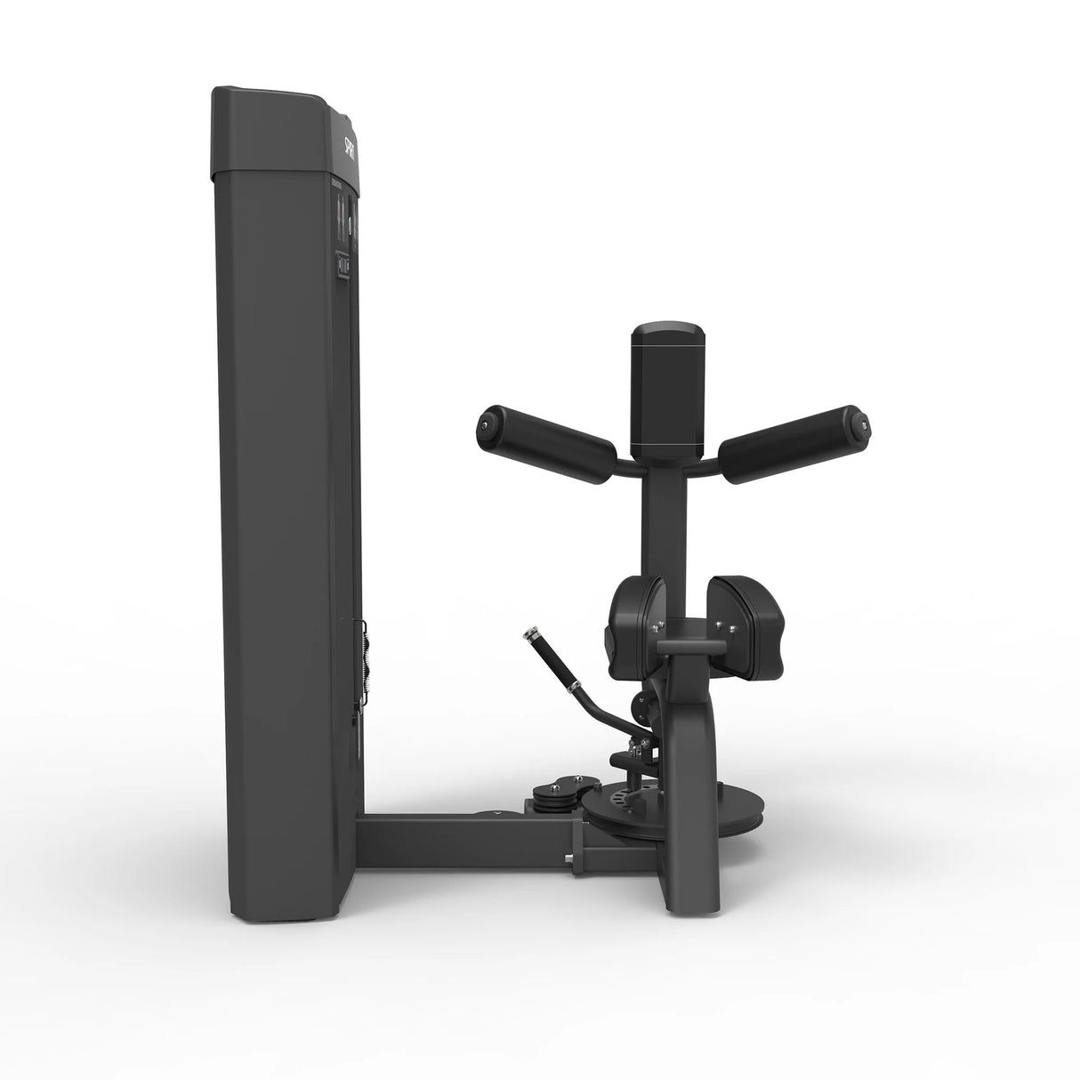 Rear view of the Spirit Fitness CSS-TROT Torso Rotation showing the rotation base plate, handgrip arms, and pulley cable.