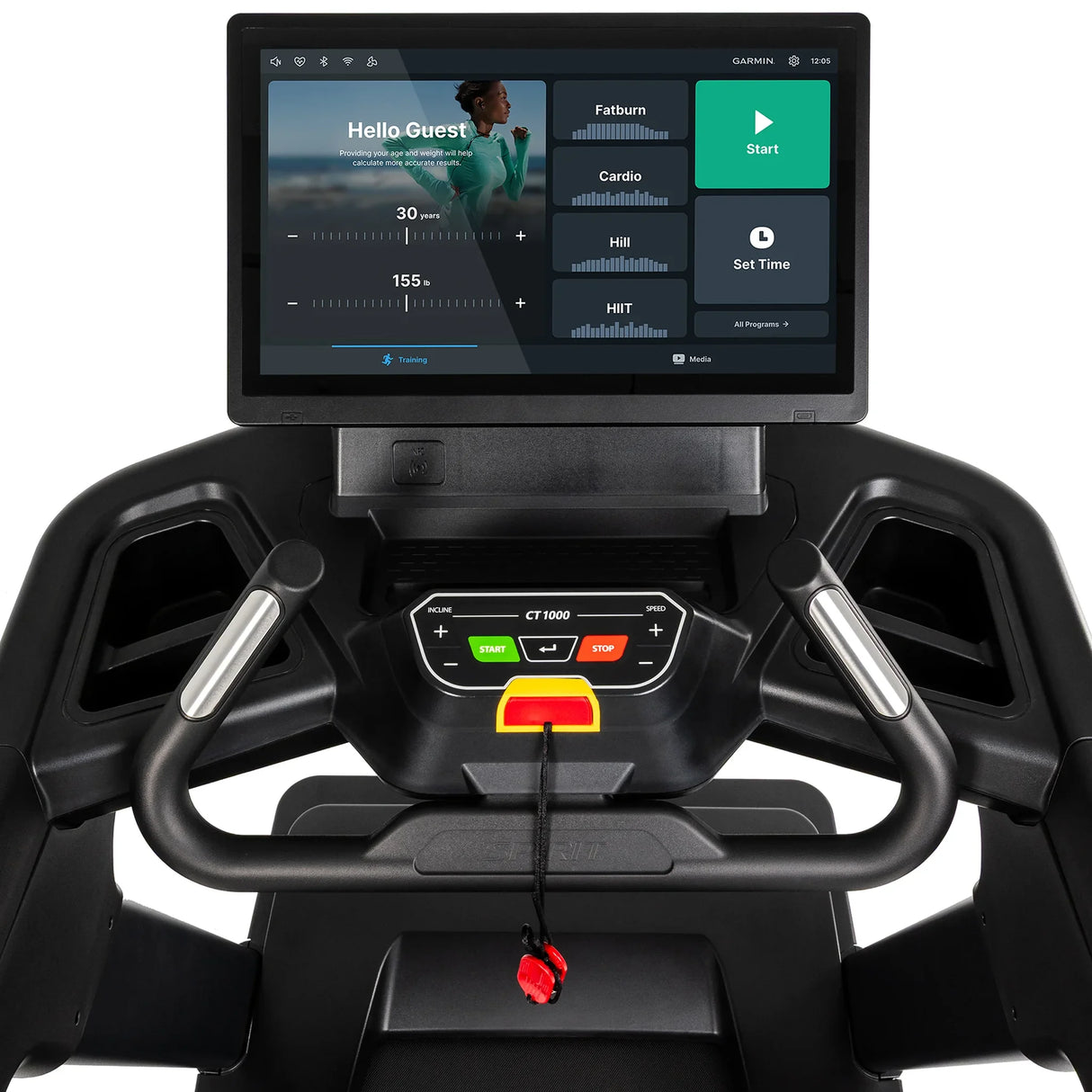 Close-up of the Spirit Fitness CT1000ENT Treadmill's touchscreen console displaying the Hello Guest home screen and workout program tiles.