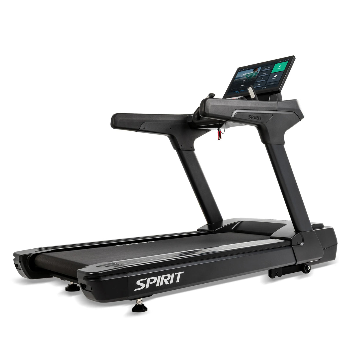 Front three-quarter view of the Spirit Fitness CT1000ENT Treadmill on a white background, showing the console mast and running deck.