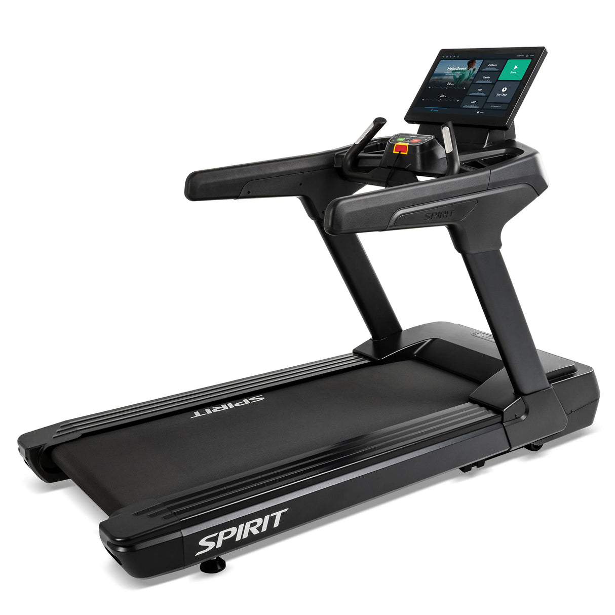 Opposite front-angle view of the Spirit Fitness CT1000ENT Treadmill showing the console, handrails, and SPIRIT-branded belt.