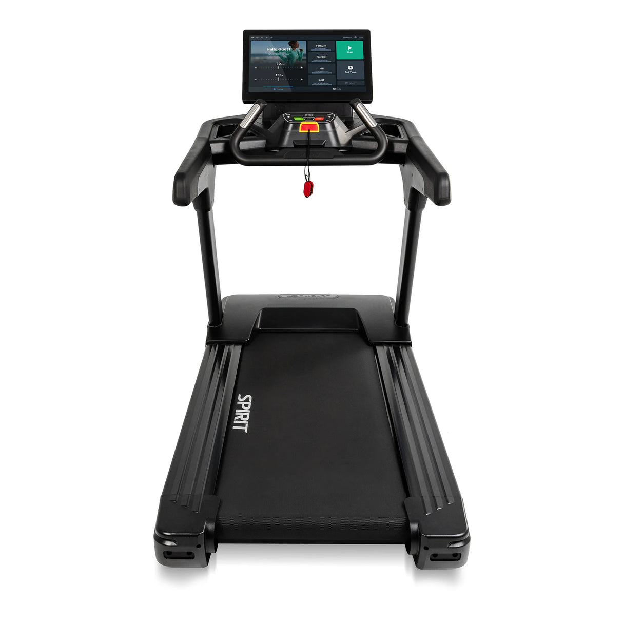 Straight-on front view of the Spirit Fitness CT1000ENT Treadmill showing its console, handrails, and running belt.