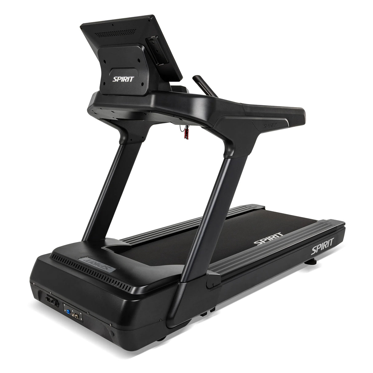 Rear three-quarter view of the Spirit Fitness CT1000ENT Treadmill showing the back of the console mount and base power connections.