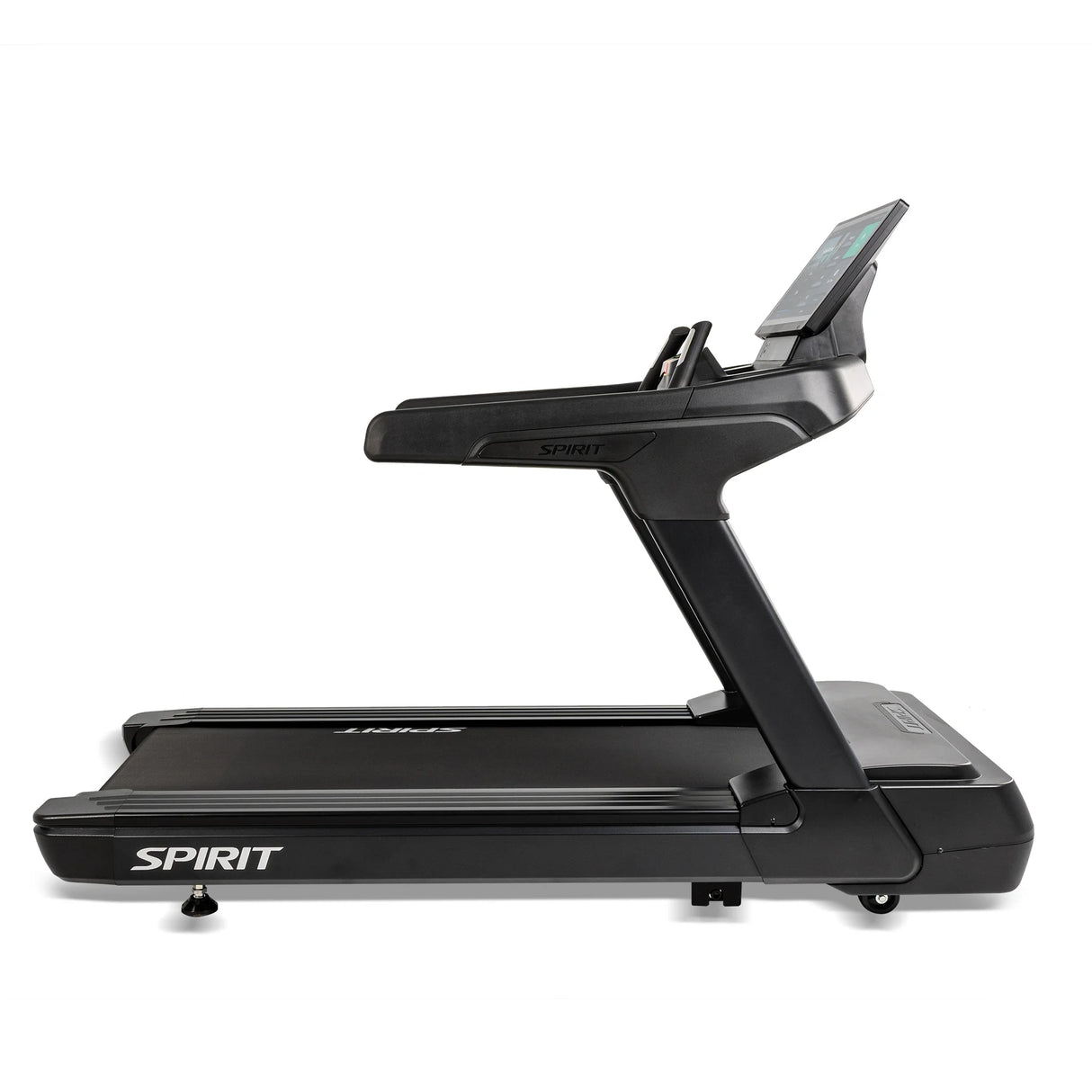 Side profile of the Spirit Fitness CT1000ENT Treadmill showing the full console mast and deck length.