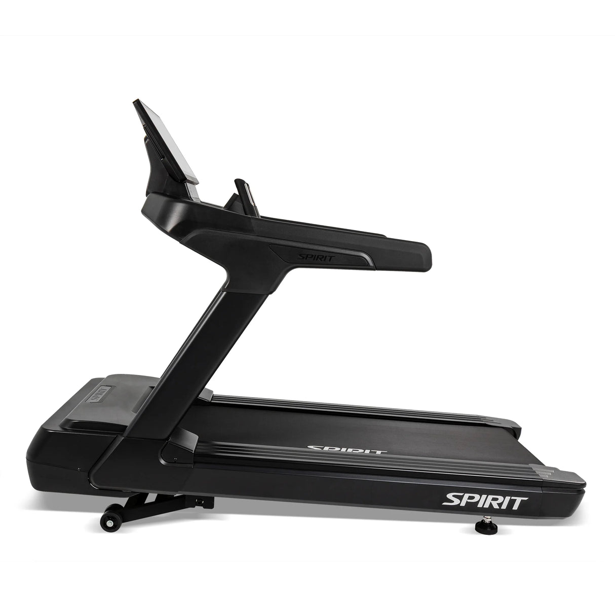 Side view of the Spirit Fitness CT1000ENT Treadmill showing the folding hinge and transport wheel at the base.