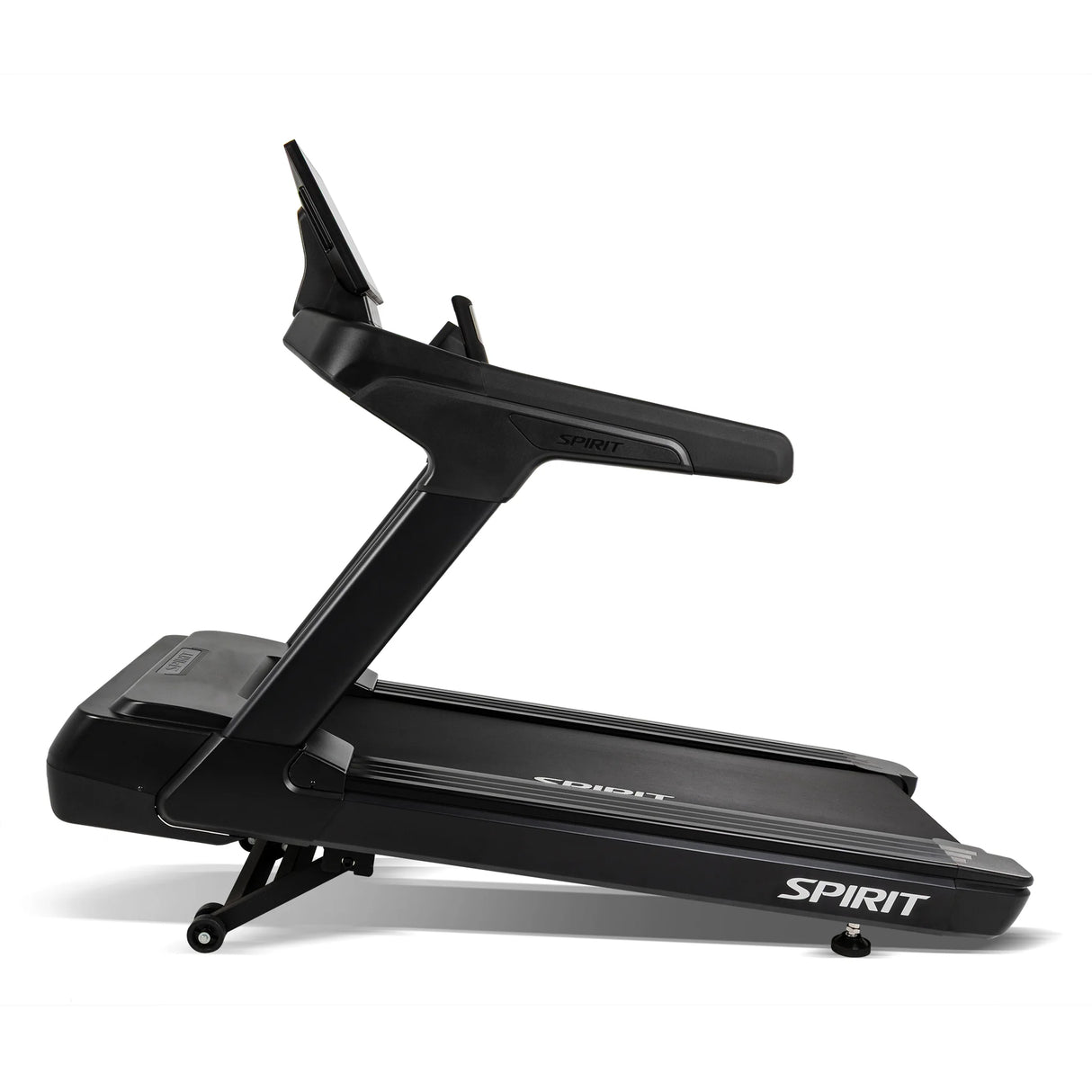 Side profile of the Spirit Fitness CT1000ENT Treadmill with its stabilizer foot and folding latch visible at the base.
