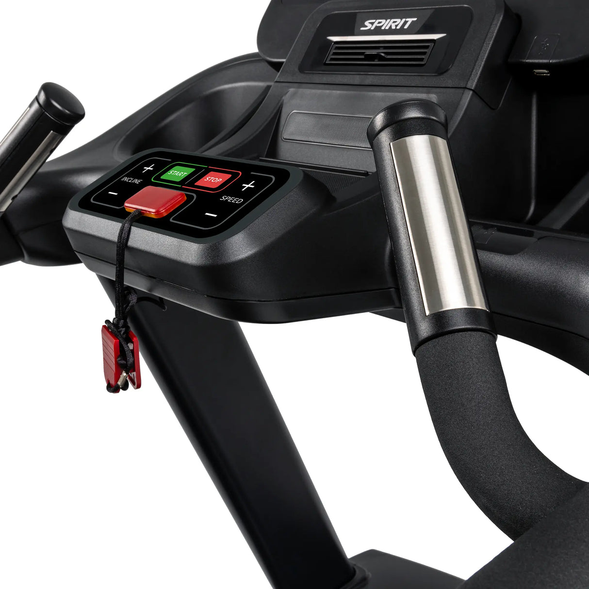 Close-up of the Spirit Fitness CT800 Treadmill control panel, featuring speed, mode, and stop buttons, metallic handlebars, a safety key with cord, and the Spirit Fitness brand name at the top.
