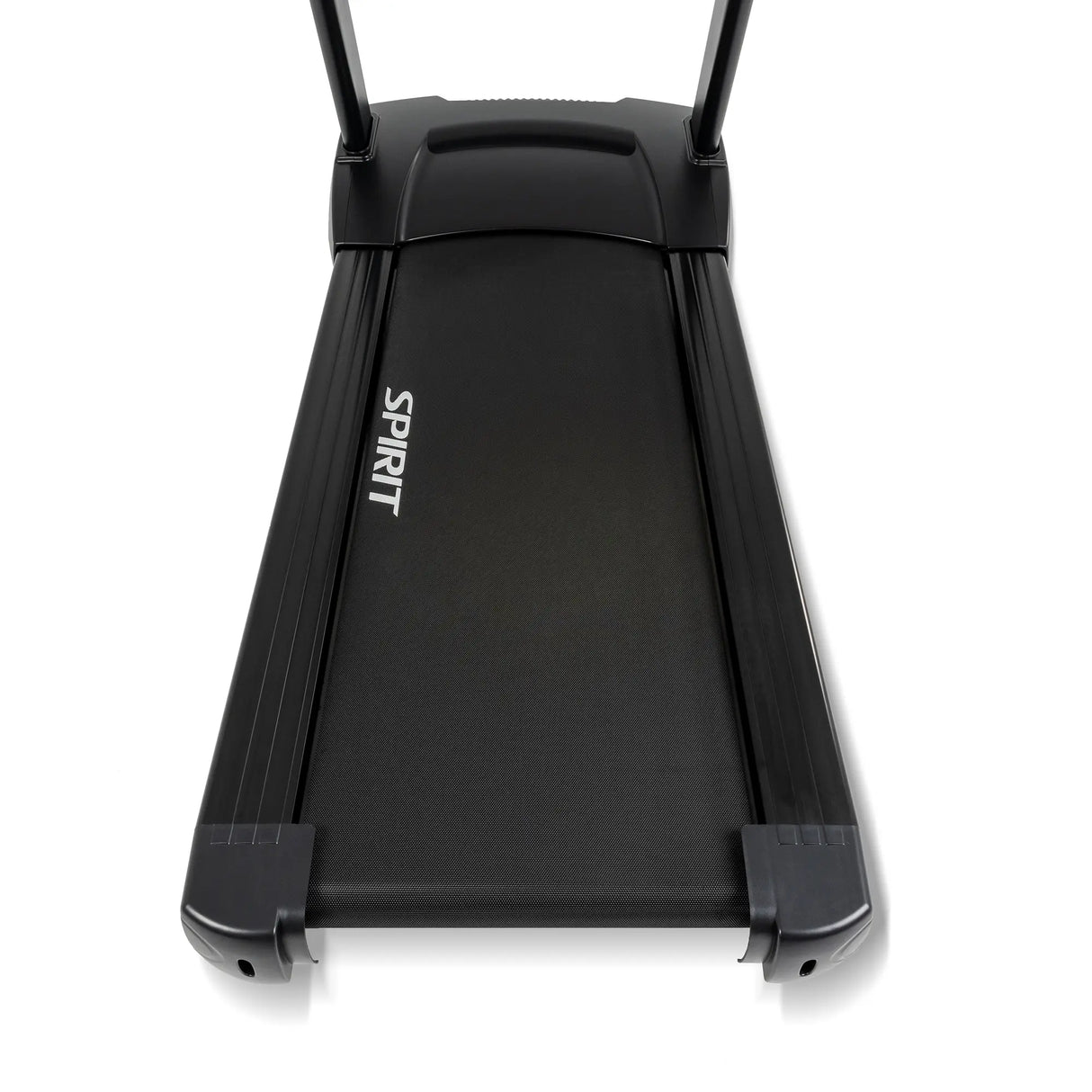 Top-down view of the Spirit Fitness CT800 Treadmill in black, featuring a wide running belt, sturdy side rails, and handlebar uprights, displayed on a white background.