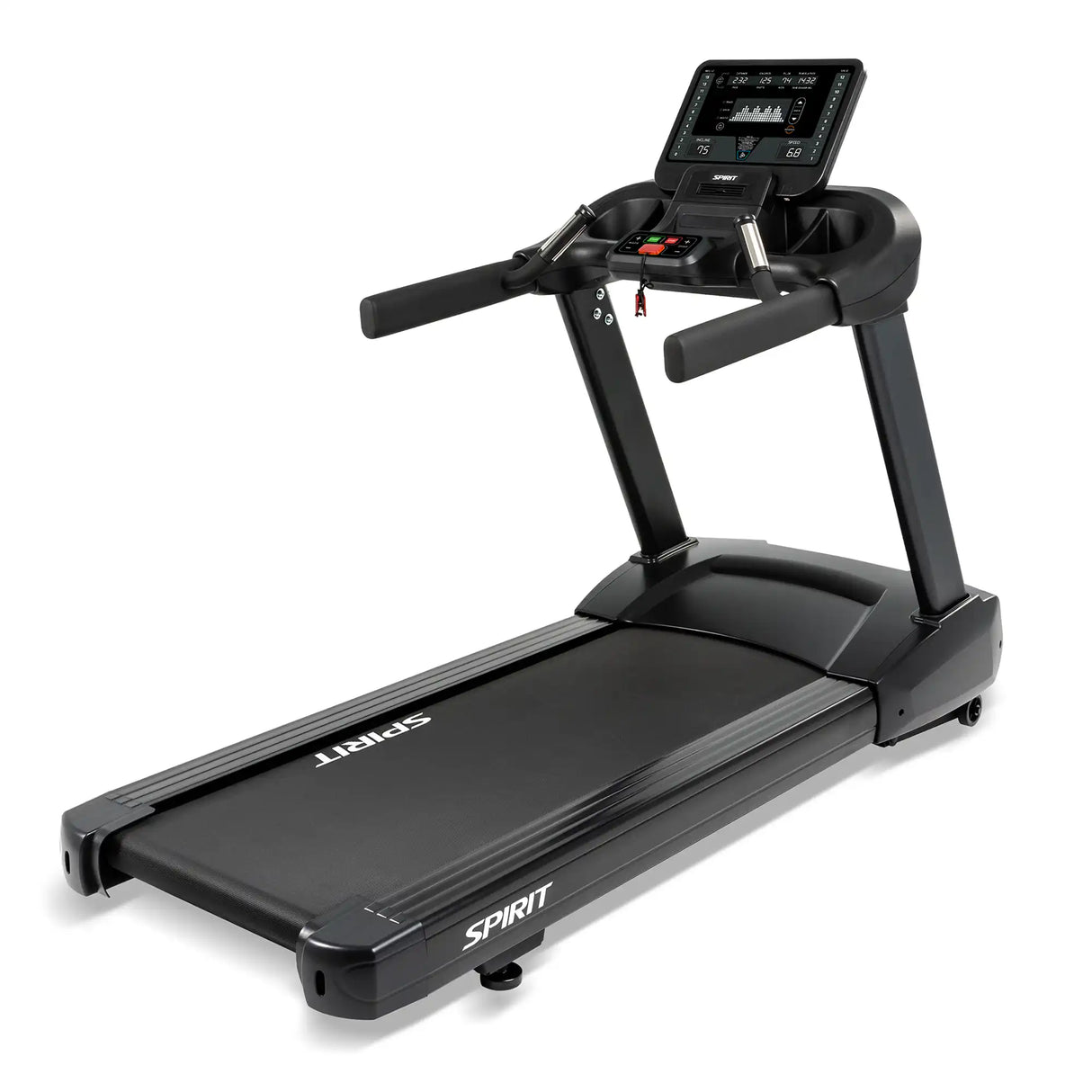The Spirit Fitness CT800 Treadmill by Spirit Fitness features a digital display, control buttons, safety key, sturdy handrails, and a wide running belt, making it ideal for indoor exercise and fitness training.