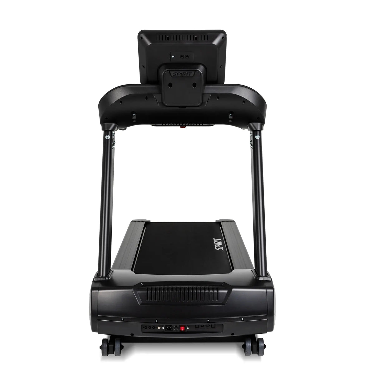 The Spirit Fitness CT800 Treadmill by Spirit Fitness features a wide running belt, sturdy handrails, and a digital display screen, shown here in black and viewed from the front.