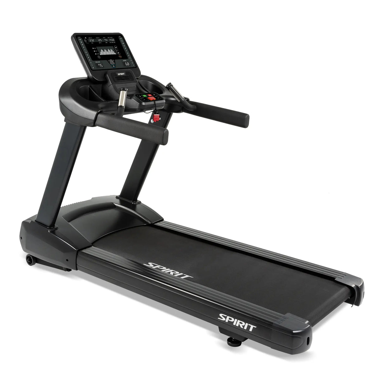 The Spirit Fitness CT800 Treadmill by Spirit Fitness features a digital console, handrails, and a sturdy running platform in black, displayed on a white background.