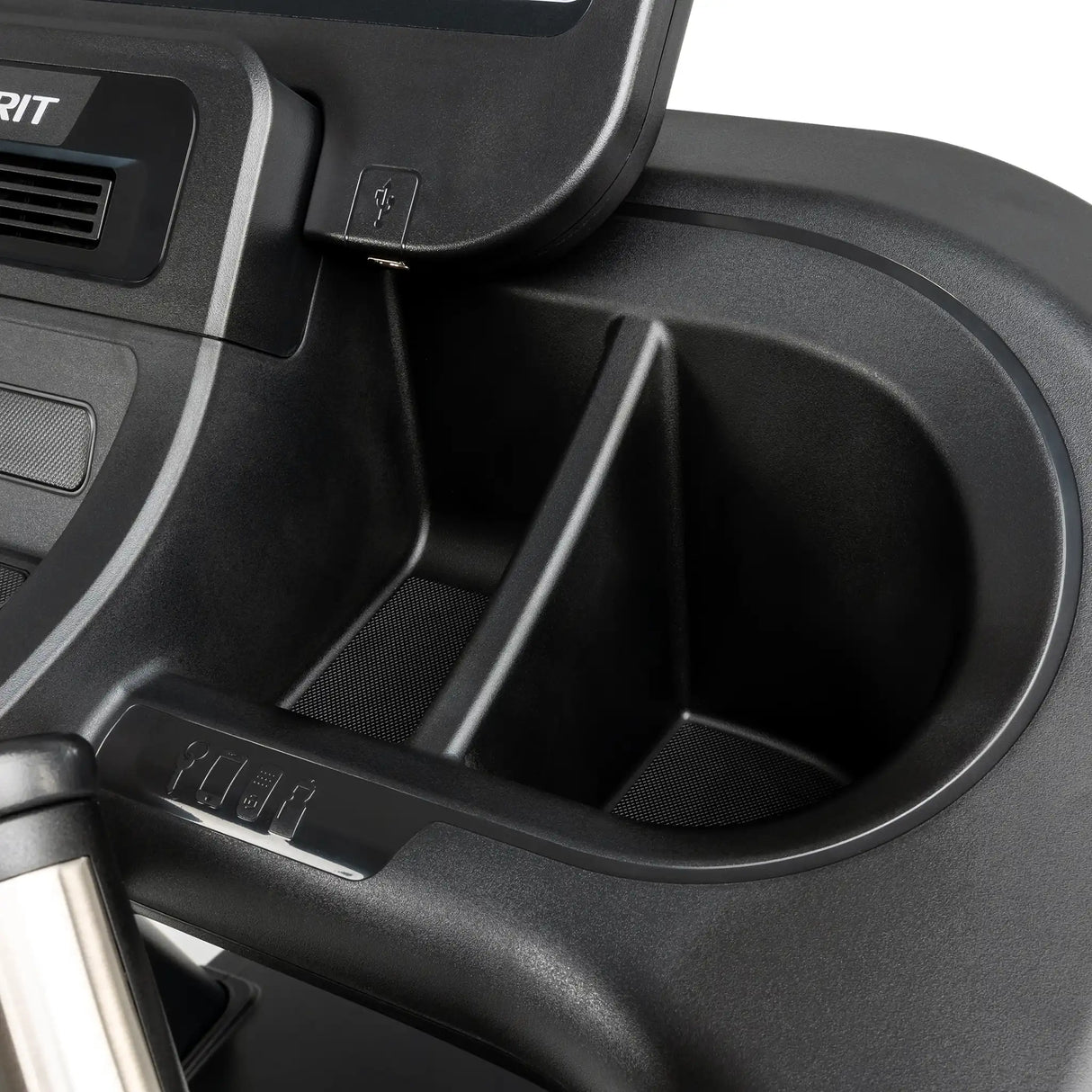 Close-up of the Spirit Fitness CT800ENT Treadmill console by Spirit Fitness, featuring a sleek black finish with a large cup holder, device storage compartment, and visible USB port on the upper edge.
