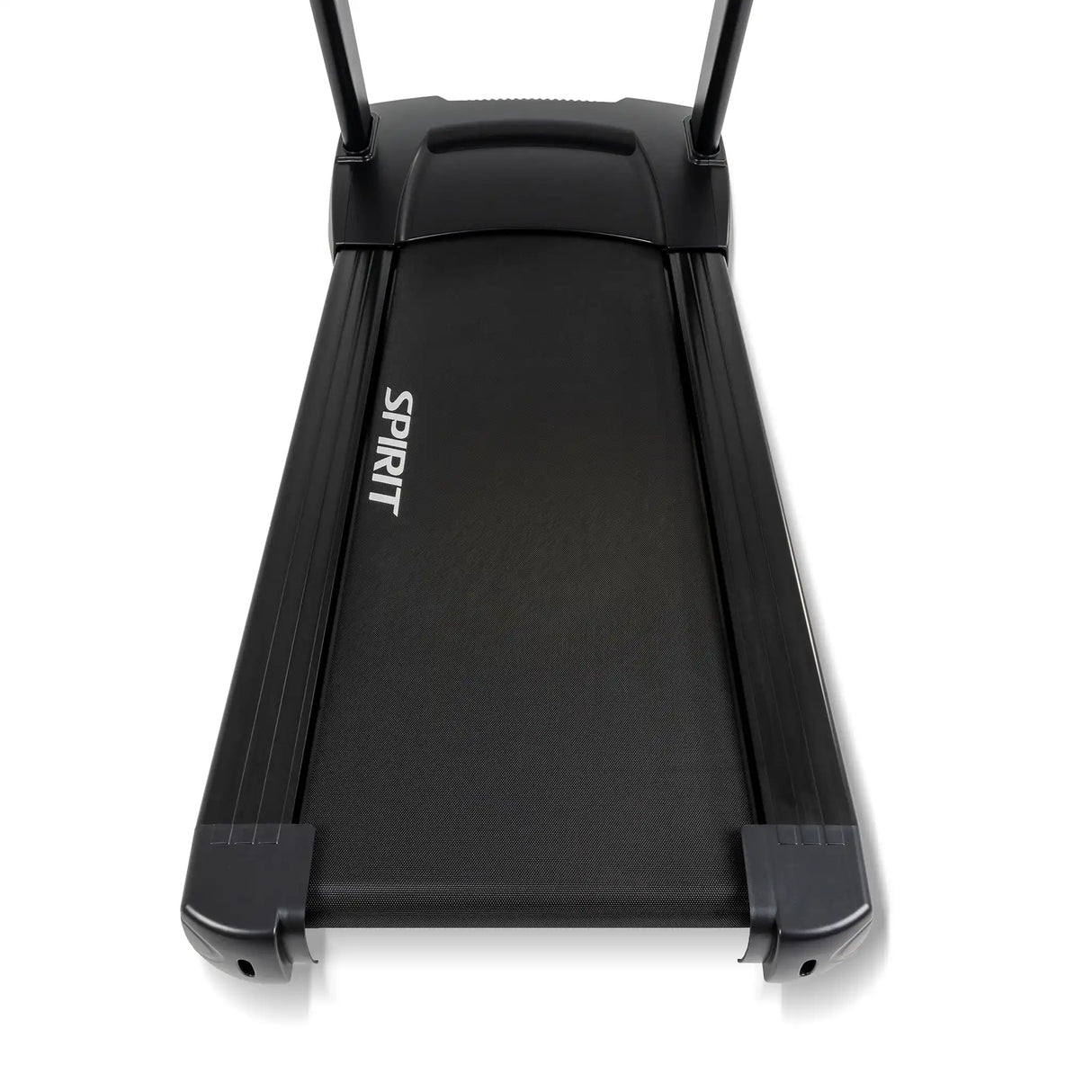 Overhead view of the Spirit Fitness CT800ENT Treadmill in black, featuring a wide running belt, side rails, and handlebar uprights, set against a white background.