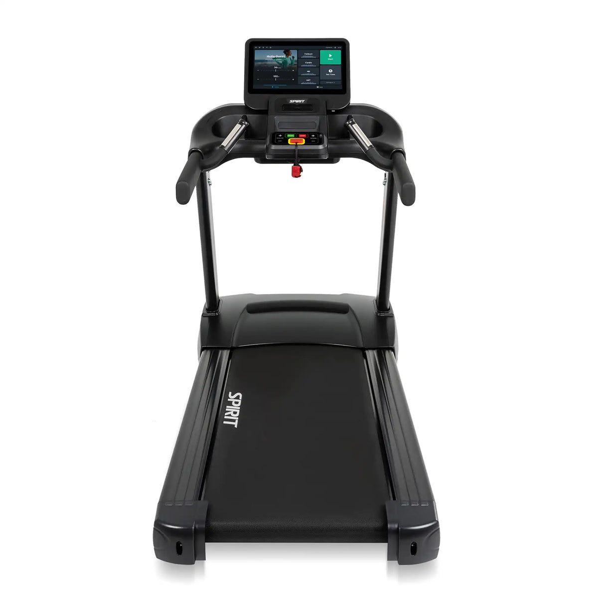 The Spirit Fitness CT800ENT Treadmill by Spirit Fitness is shown from the front, featuring a digital display, control buttons, cup holders, safety key, and "SPIRIT" printed on the running belt.