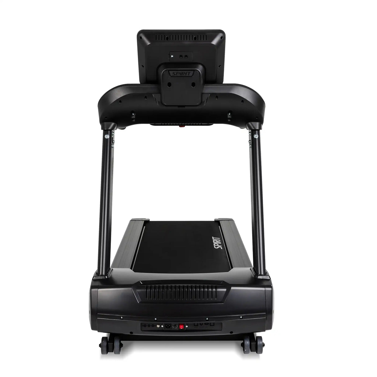 The Spirit Fitness CT800ENT Treadmill by Spirit Fitness is shown from the front, with a wide running belt, visible support handles, and a digital console screen attached at the top.