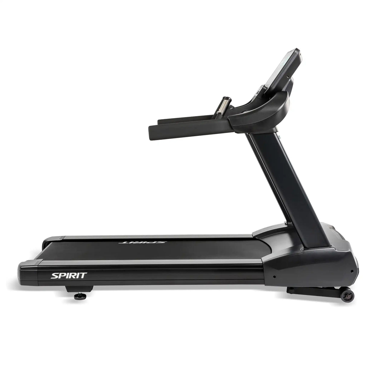 A side view of the Spirit Fitness CT800ENT Treadmill by Spirit Fitness, featuring a black sturdy frame and digital display panel, designed for indoor running or walking workouts.