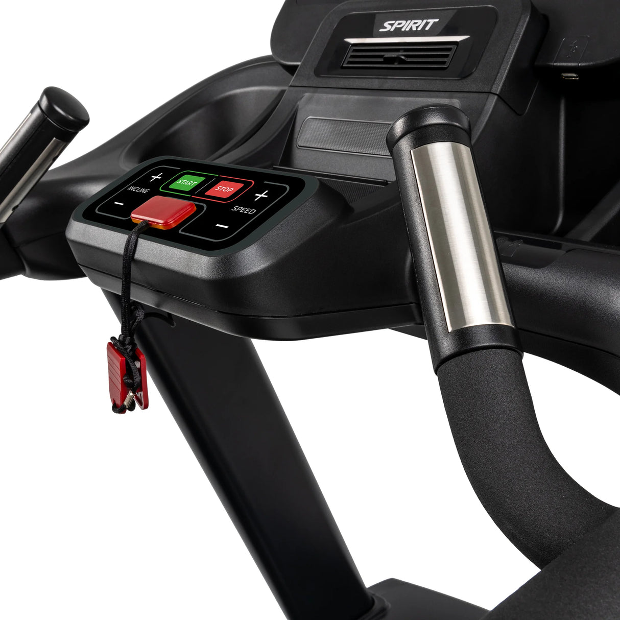 Close-up of the Spirit Fitness CT850 Treadmill control panel with a red safety key, start/stop and speed buttons. Metallic grip handlebars from Spirit Fitness are visible on each side.