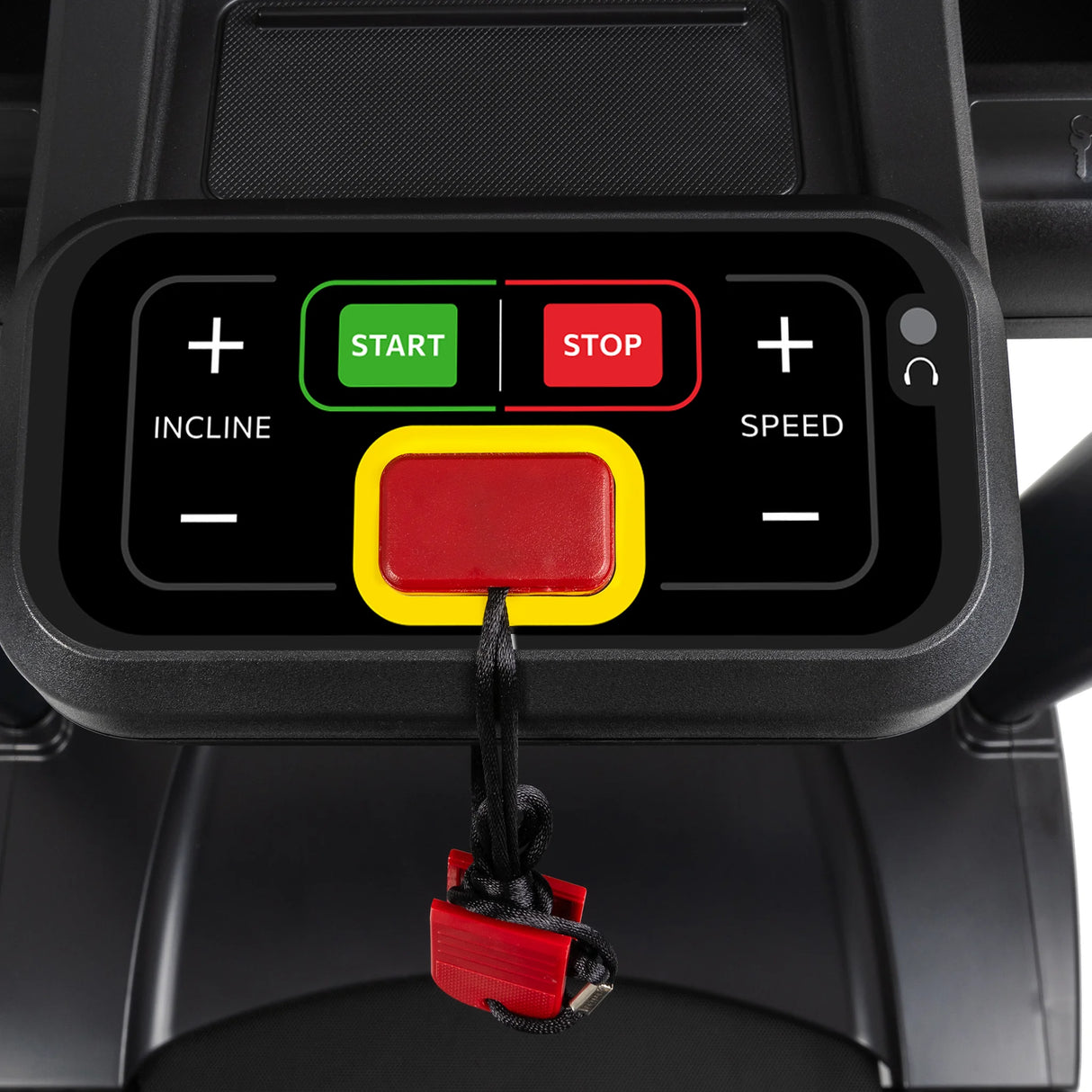 Close-up of the Spirit Fitness CT850ENT Treadmill control panel by Spirit Fitness, featuring large START (green) and STOP (red) buttons, incline and speed controls, plus a red safety key attached by a cord below the buttons.