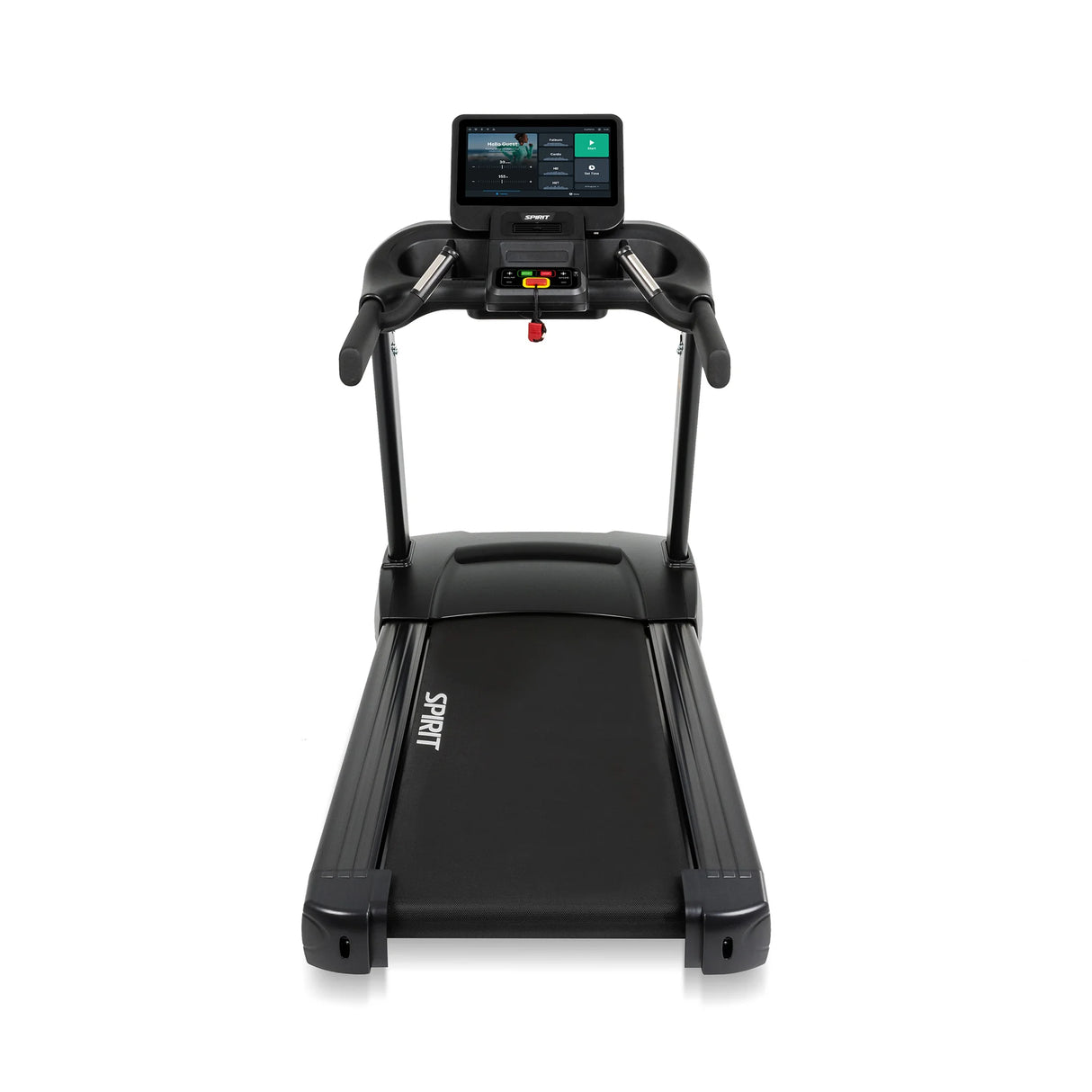 The Spirit Fitness CT850ENT Treadmill by Spirit Fitness is shown from the front, featuring a black frame, digital screen, control panel, central safety key, and "SPORT" on the running belt.