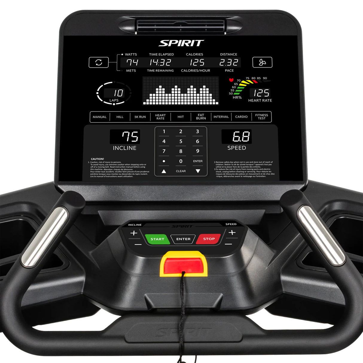 Close-up of the Spirit Fitness CT900 Treadmill control panel showing workout stats—time, calories, distance, speed, incline, METs, pulse, heart rate—and start, enter, and stop buttons below the display. Brand: Spirit Fitness.