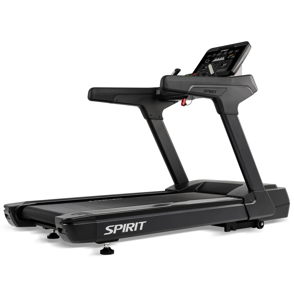The Spirit Fitness CT900 Treadmill in matte black features a wide running belt, ergonomic handrails, a large touchscreen for workout metrics, and Spirit Fitness branding on the frame and deck.