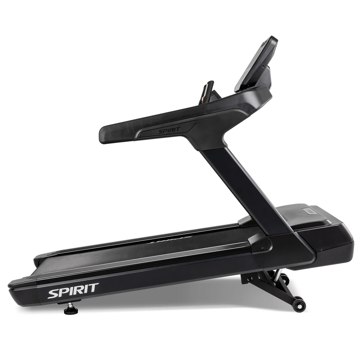 Side view of the Spirit Fitness CT900 Treadmill by Spirit Fitness, featuring a digital display console, sturdy frame, and running belt—designed for effective indoor exercise and fitness training.