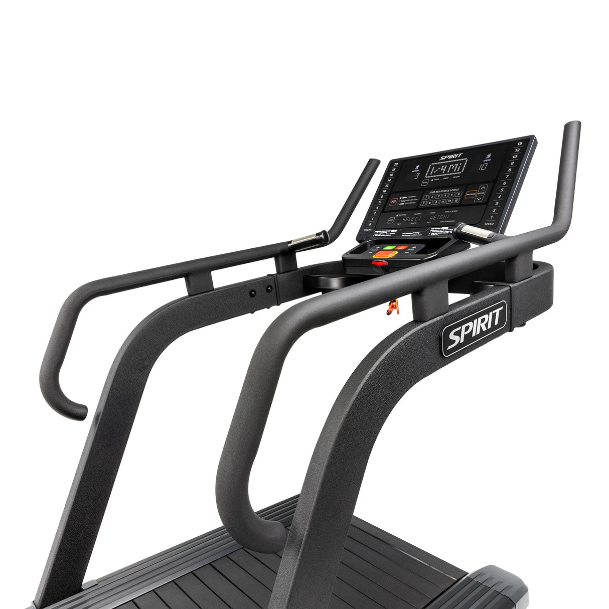 Angled close-up of the Spirit Fitness CTSBS900 console and handlebar loops above the slat belt.