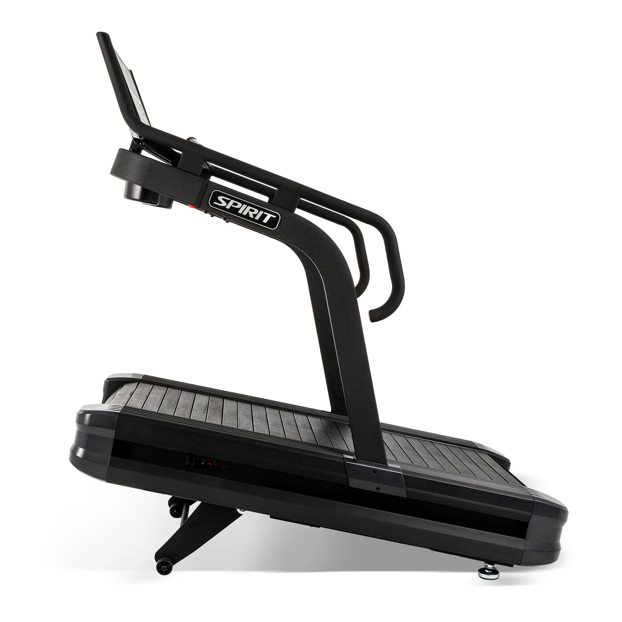 Full side profile of the Spirit Fitness CTSBS900 Slat Belt Sled Treadmill with rear transport wheels raised.