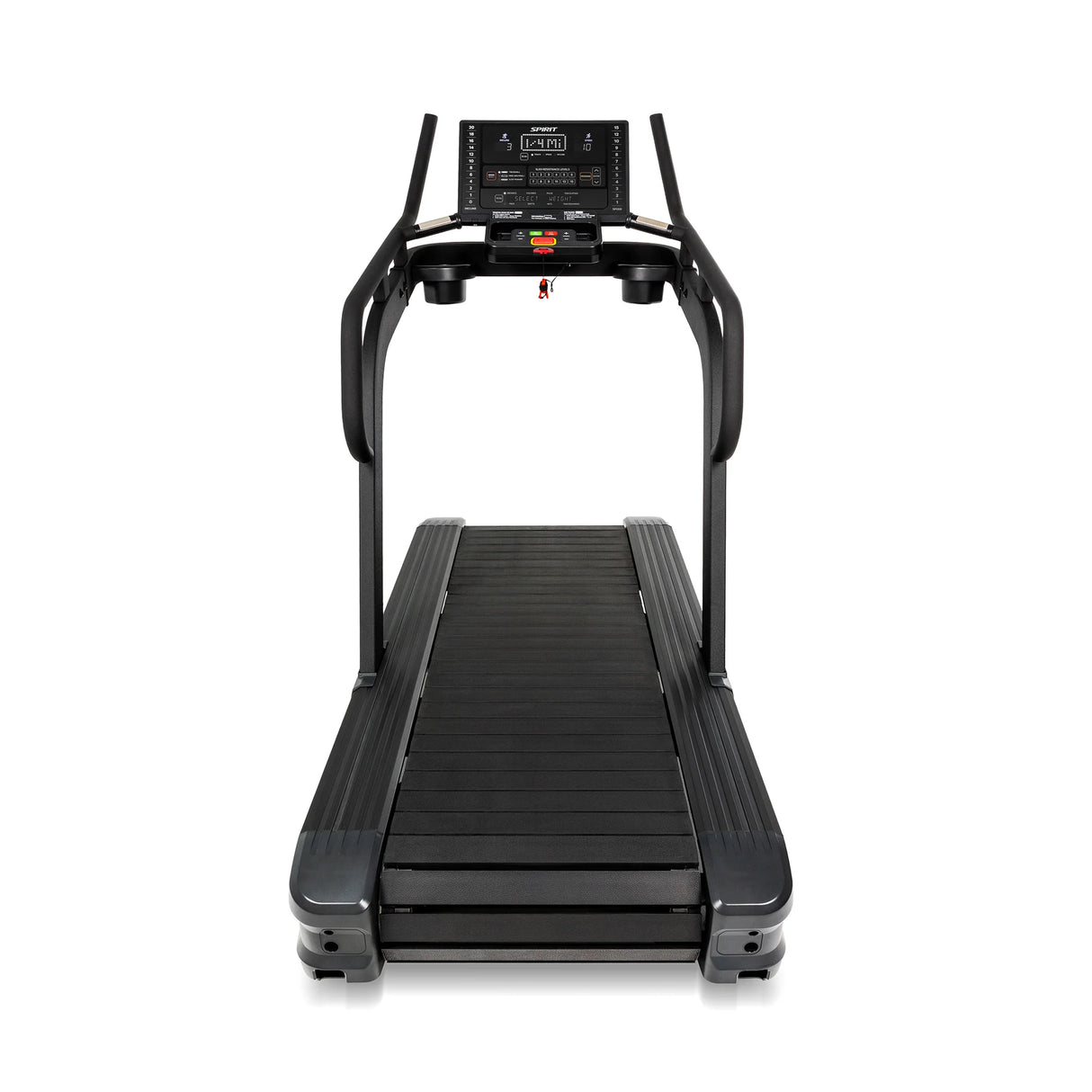 Straight-on front view of the Spirit Fitness CTSBS900 showing the console, handrails, and full length of the slat belt deck.