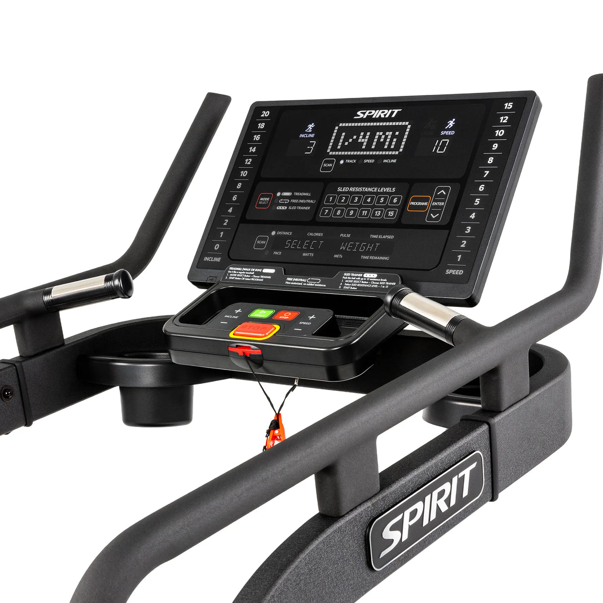 Angled close-up of the Spirit Fitness CTSBS900 console and SPIRIT-branded side rail.
