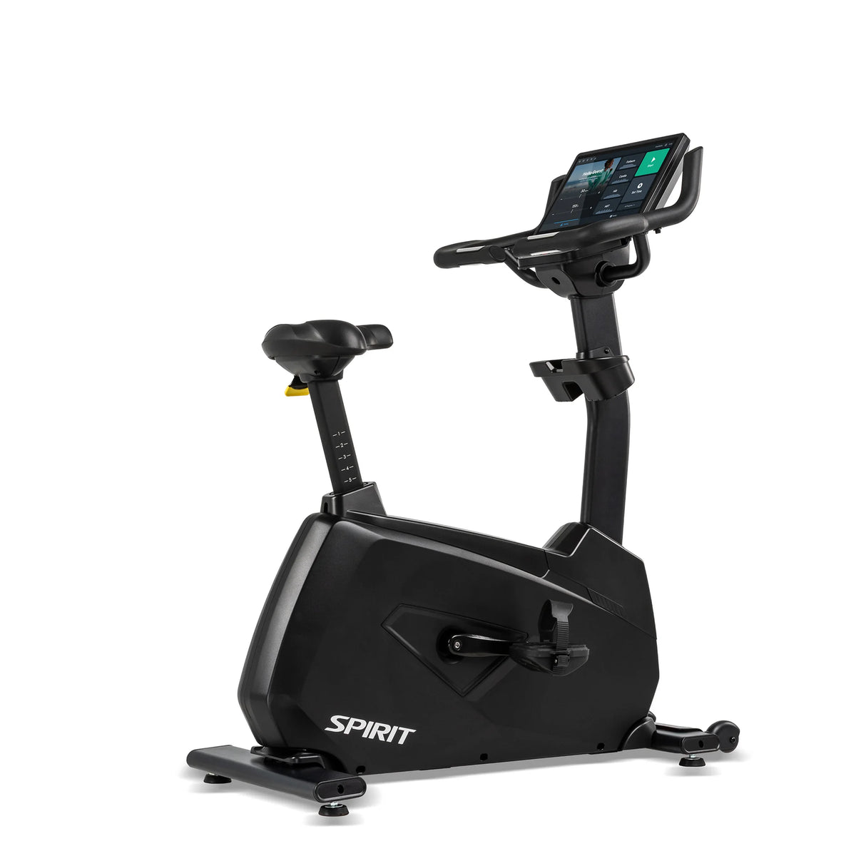 Front three-quarter view of the black Spirit Fitness CU1000ENT Upright Bike from the opposite angle, showing the touchscreen console, adjustable seat with height markings, water bottle holder, and pedal crank.