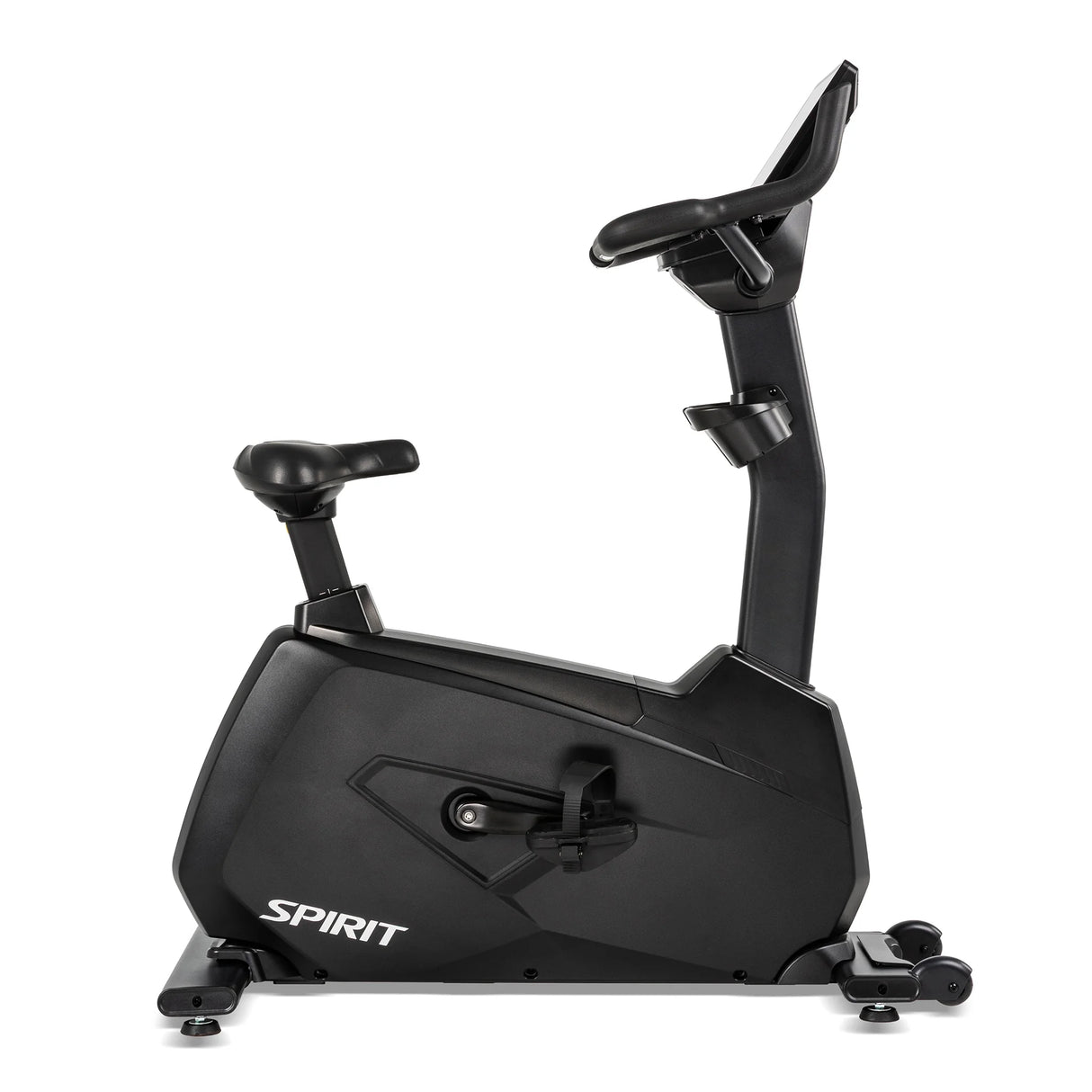 Side profile of the black Spirit Fitness CU1000ENT Upright Bike highlighting the step-through frame design, seat post, pedal crank, and base with leveling feet.