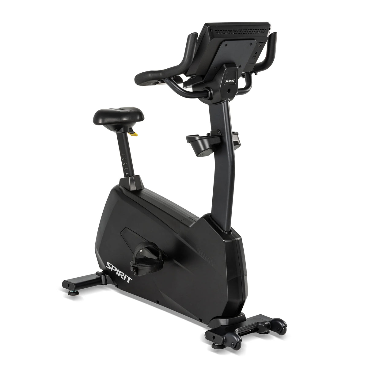 Rear three-quarter view of the Spirit Fitness CU1000ENT Upright Bike showing the back of the touchscreen console, seat, dual water bottle holders, and pedal crank.