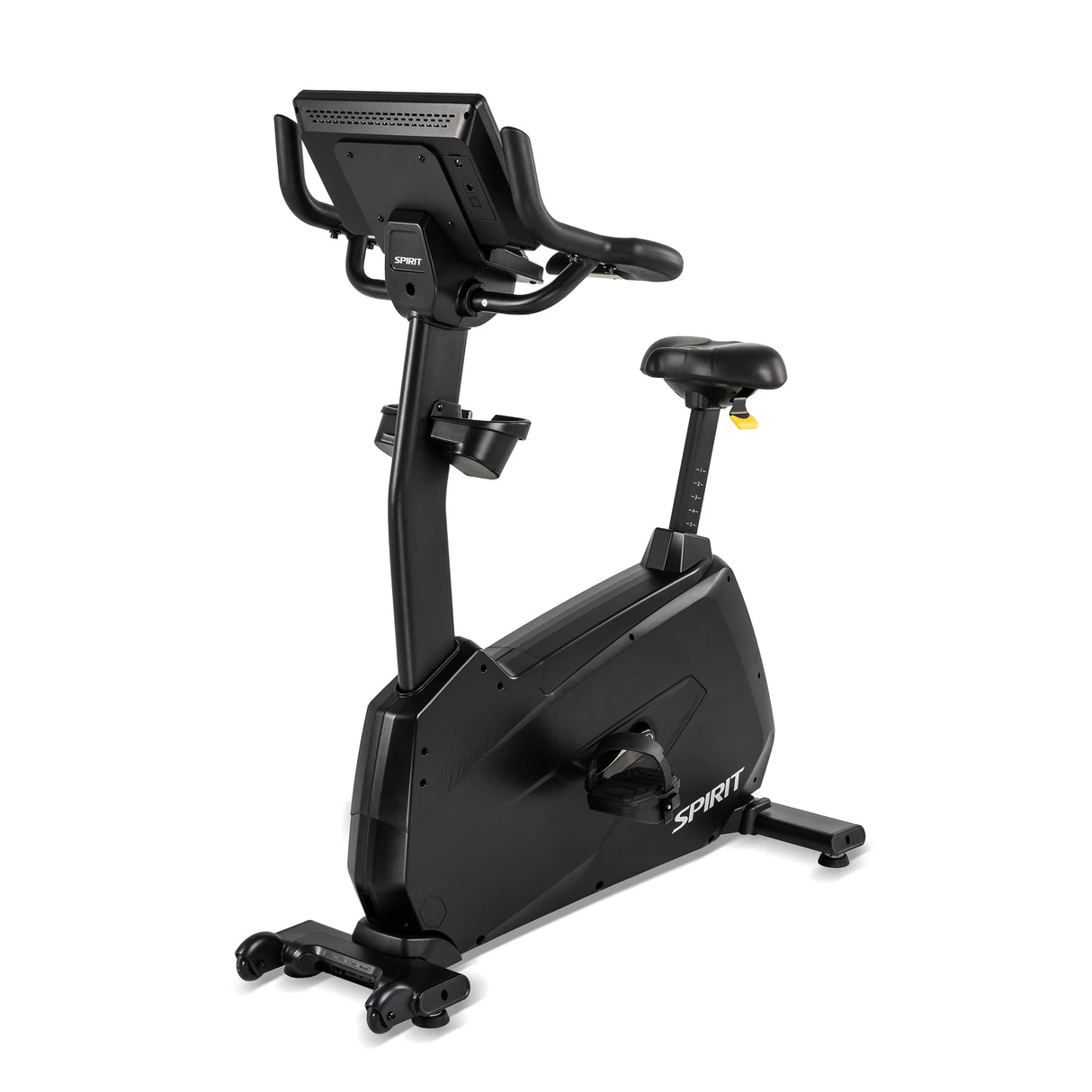 Rear three-quarter angle of the Spirit Fitness CU1000ENT Upright Bike showing the back of the console, handlebar grips, seat, and full frame down to the base and transport wheels.