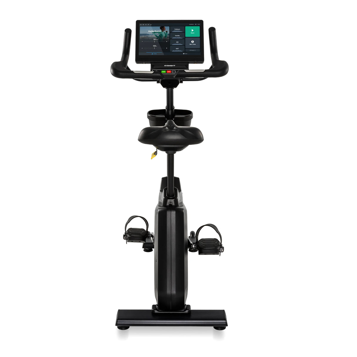 Front view of the black Spirit Fitness CU1000ENT Upright Bike showing the touchscreen console displaying a workout menu, handlebar grips, seat, and pedals aligned along the frame.