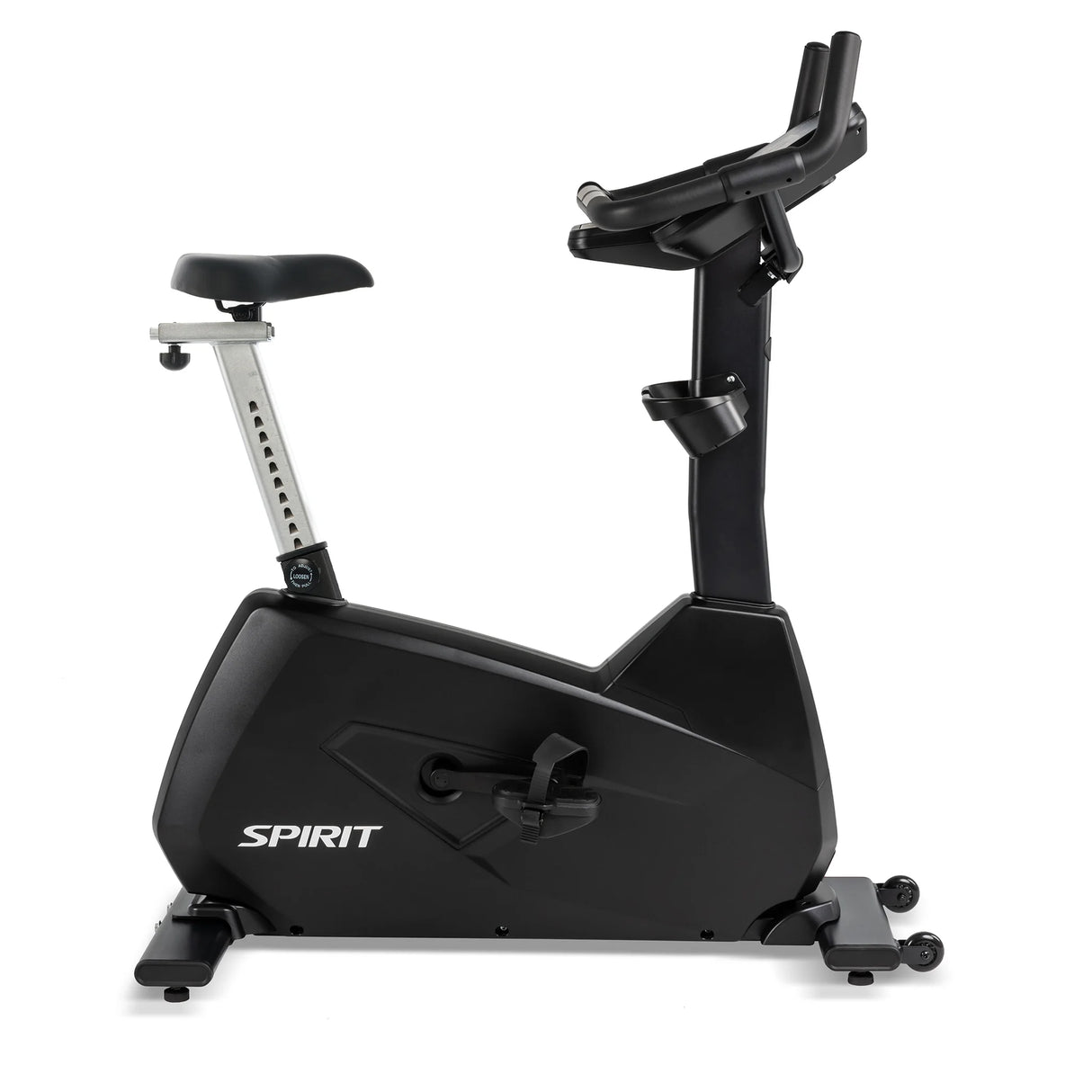 The Spirit Fitness CU800 Upright Bike is a black stationary exercise bike with adjustable seat and handlebars, pedals, digital display console, and the Spirit Fitness brand name printed on the lower side.