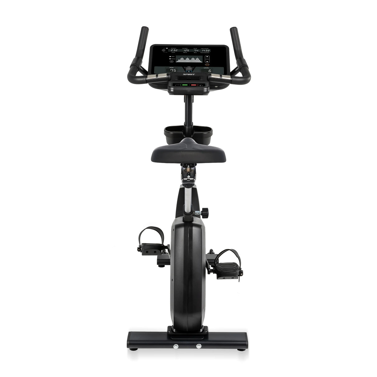 The Spirit Fitness CU800 Upright Bike by Spirit Fitness features a digital display, handlebars, padded seat, and two strapped pedals on a sturdy base, shown from the front.
