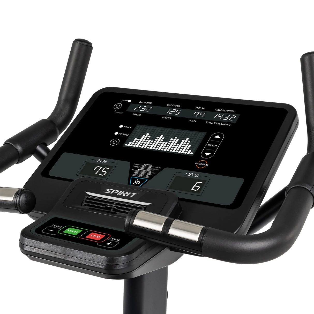 Close-up of a Spirit Fitness CU800 Upright Bike console showing workout stats like distance, calories, pulse, time elapsed, RPM, level readouts, and a workout profile graph with Start/Stop buttons.