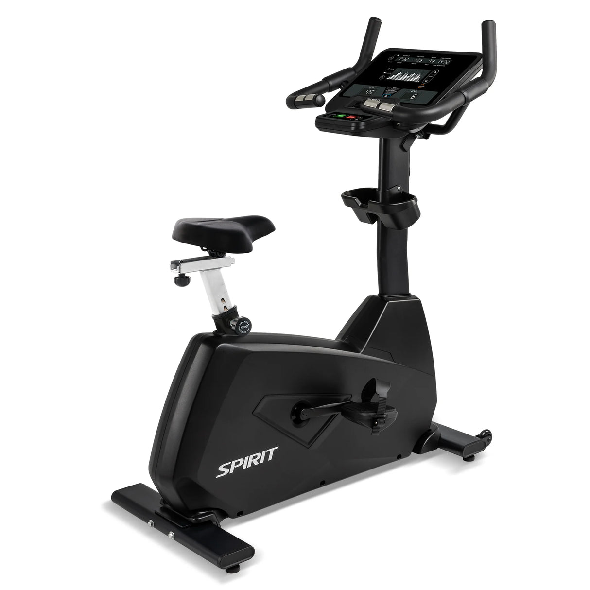 The Spirit Fitness CU800 Upright Bike features a black frame, padded seat, pedals, and a digital display console, with the SPIRIT FITNESS logo near the base.