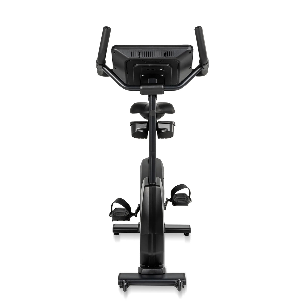 The Spirit Fitness CU800 Upright Bike by Spirit Fitness is shown from the front, highlighting its black modern design, handlebars, seat, pedals with straps, and digital display screen.