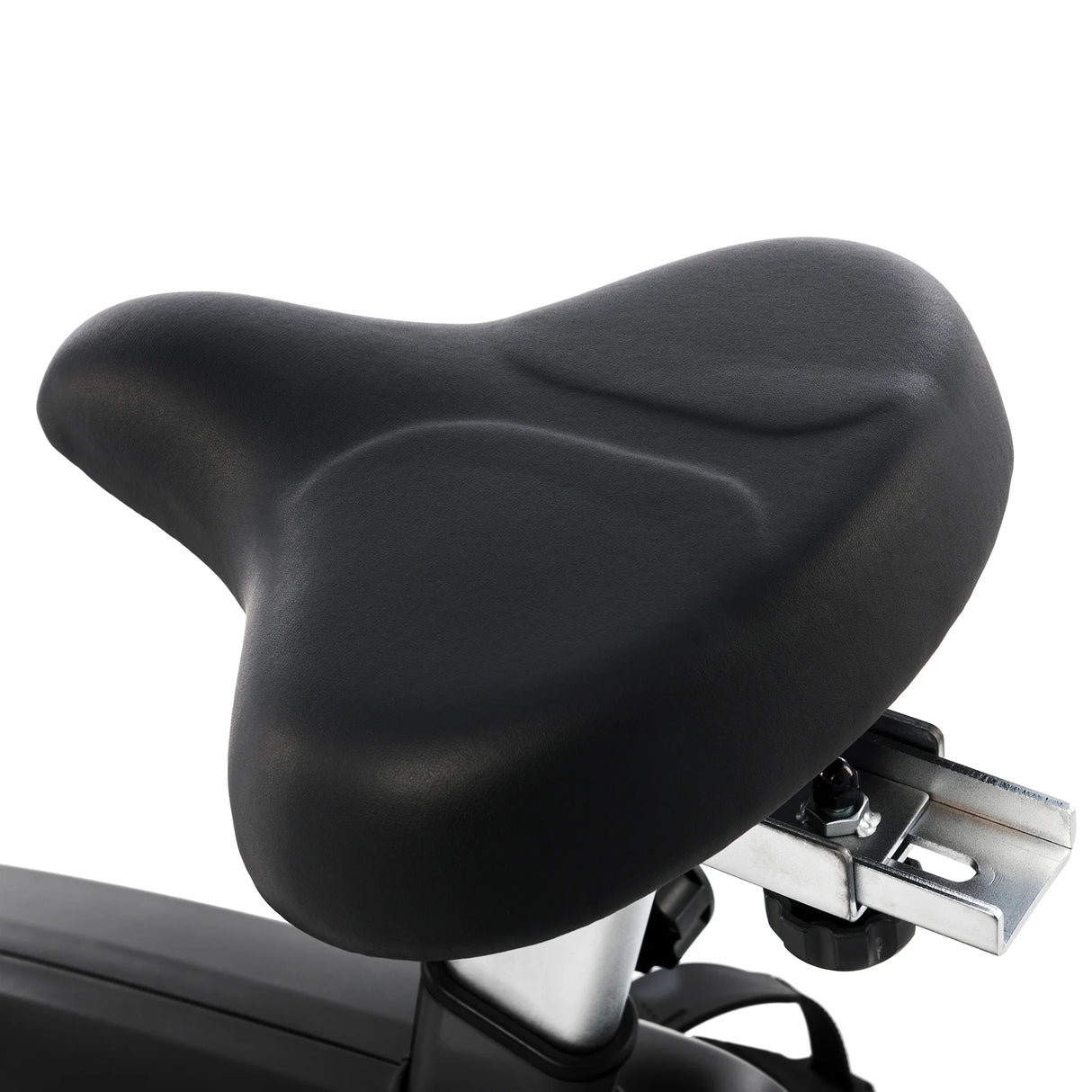 Close-up of the Spirit Fitness CU800ENT Upright Bike by Spirit Fitness, featuring a wide, black padded seat with molded contours mounted on a metal post against a white background.