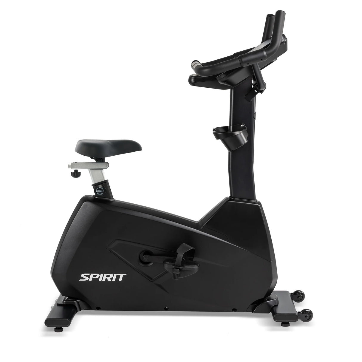 The Spirit Fitness CU800ENT Upright Bike by Spirit Fitness is a black stationary bike with adjustable seat and handlebars, pedals, a compact base, and "SPIRIT" branding on the side.