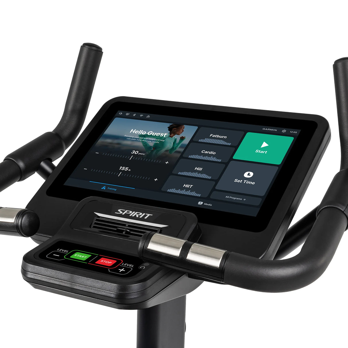 Close-up of the Spirit Fitness CU800ENT Upright Bike console, featuring a touchscreen with workout options like Fatburn and Cardio, plus start/stop controls. Brand: Spirit Fitness.
