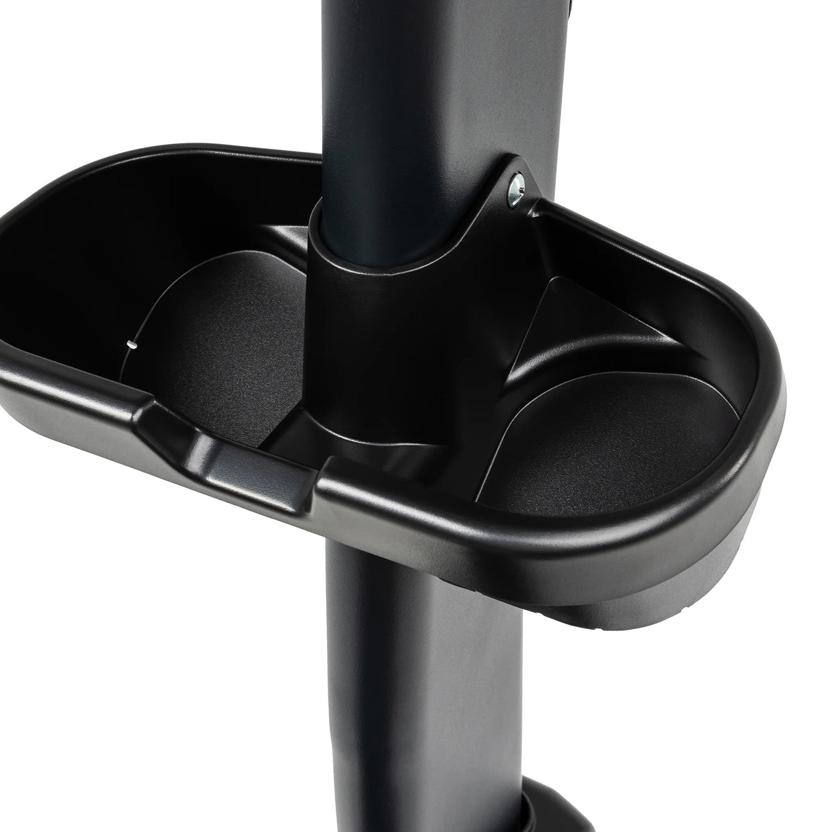 Close-up of the Spirit Fitness CU800ENT Upright Bike’s black plastic cup holder by Spirit Fitness, mounted on a vertical metal pole with two circular compartments and a central support section.