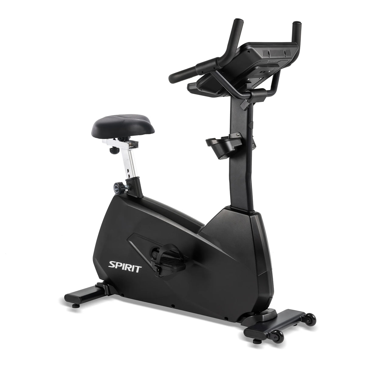 The Spirit Fitness CU800ENT Upright Bike is a black stationary bike with adjustable seat, handlebars, digital display, and pedals. "Spirit Fitness" is printed on the side. The bike is shown against a white background.