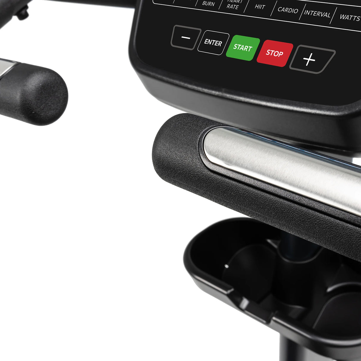 Close-up of the Spirit Fitness CU900 Upright Bike console and handlebars, featuring Enter, Start, and Stop control buttons with a cup holder below. Brand: Spirit Fitness.