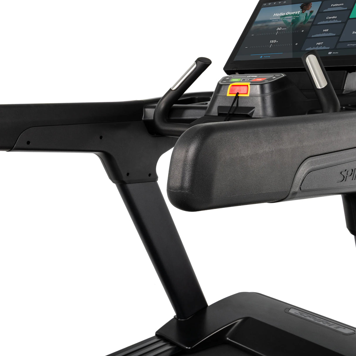 Close-up of the Spirit Fitness CT1000ENT Treadmill's handrail and safety key connection point.
